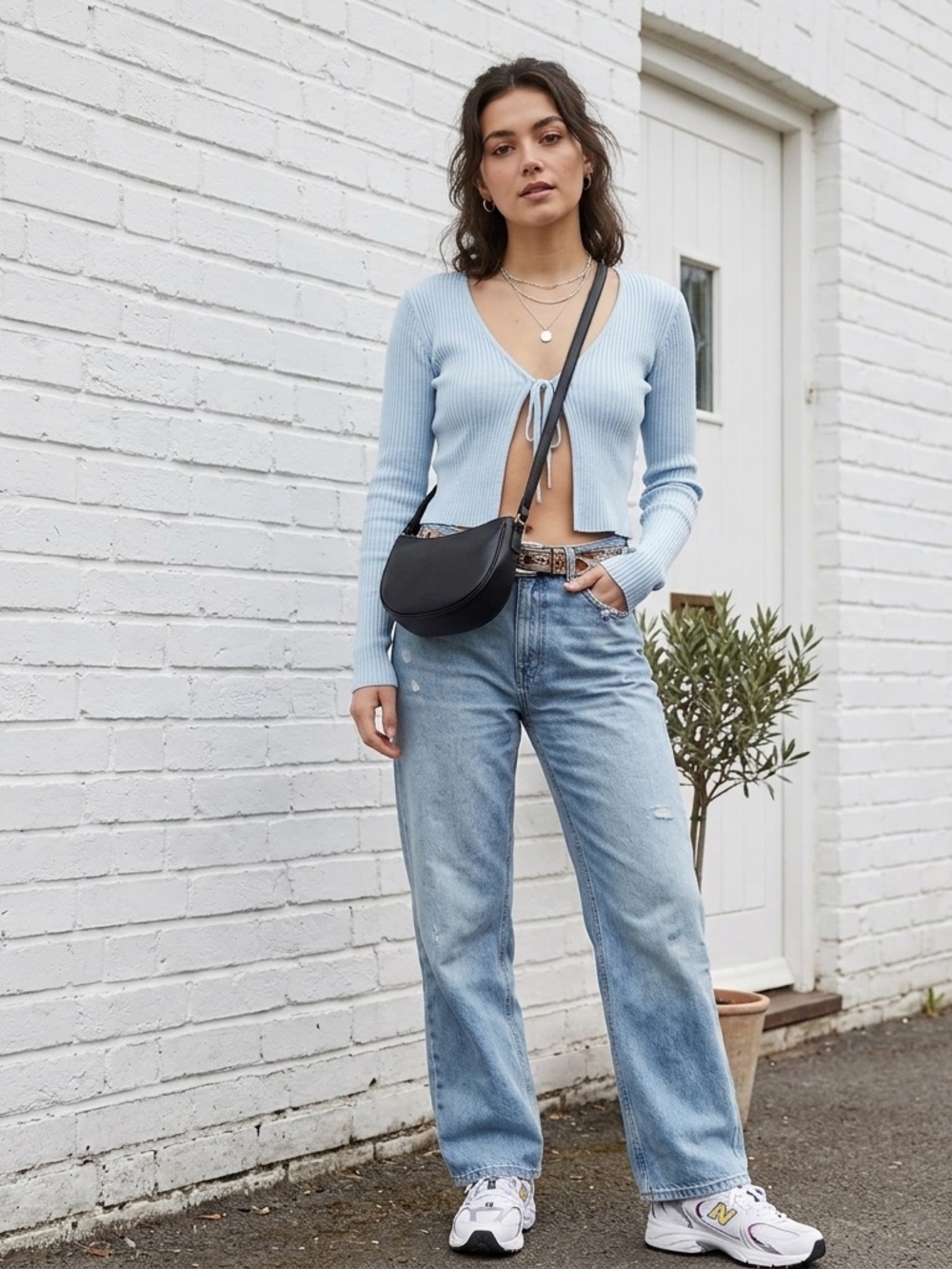Y2K Ice Blue Ribbed Tie-Front Crop Cardigan Long Sleeve Open Front Top S